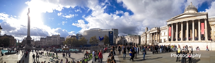 Panorama of Nelson's Column and the National Gallery in Trafalgar Square in London, UK.