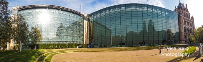 Pano of the Darwin Center and courtyard at the Natural History Museum in London, UK. 