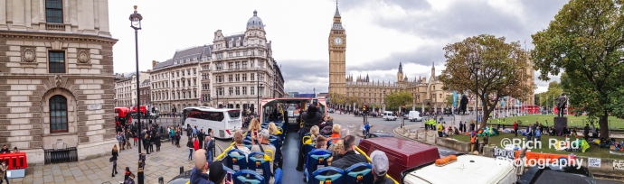 Panorama from a double decker bus of the Parliment on Great George Street in London, UK.