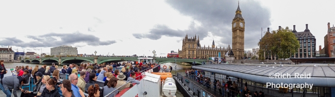 Panorama from a river boat on the Thames of the Big Ben and Parliment in London, UK.
