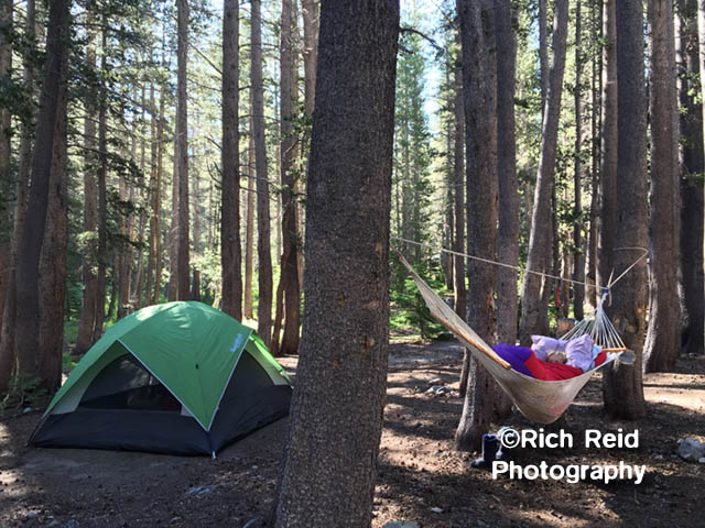 DO KNOT DISTURB. Camping at Coldwater Creek at Mammoth Lakes, California.